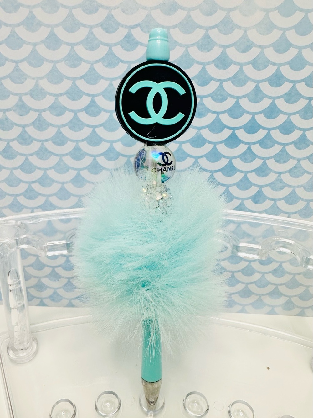 CC Aqua Pom Pom Pen with Logo Charm and refill